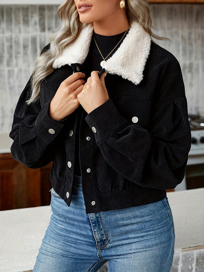 Button Front Fuzzy Lapel Jacket, Casual Long Sleeve Crop Jacket For Fall & Winter, Women's Clothing