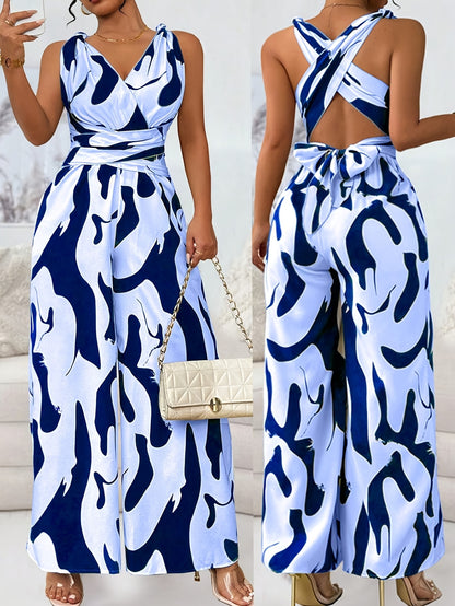 Elegant Women'S Fashion Jumpsuit, Geometric Pattern, Non-Stretch Polyester, 110g/m², Woven, Cross Strap Detail