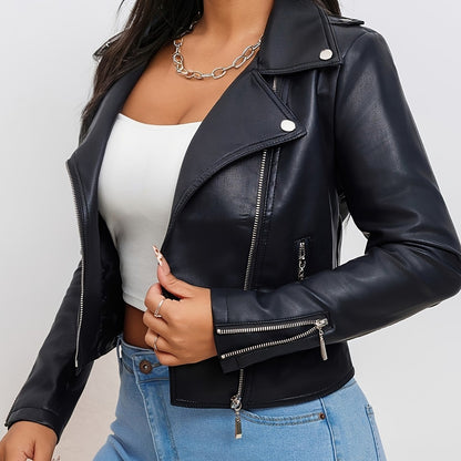 Women's Fashion Faux Leather Jacket 2024, Slim Fit PU Leather Biker Jacket, Solid Color, Long Sleeve, Zipper Front, Spring/Autumn Season, with Pockets, Commuter Style