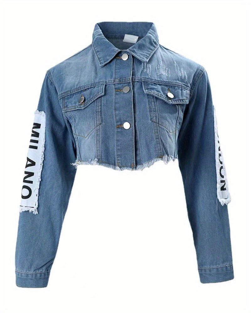 Blue Letter Print Cropped Denim Jackets, Long Sleeves Raw Hem Personality Lapel Denim Coats, Women's Denim Clothing