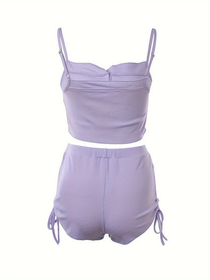 Simple Solid Print Lounge Set, Buttons Cami Top & Drawstring Shorts, Women's Loungewear & Sleepwear Koningsdag/King's Day