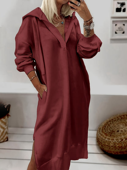 Solid Color Splited Hem Hooded Dress, Casual Long Sleeve Plunge Neck Dress For Fall & Wintern, Women's Clothing