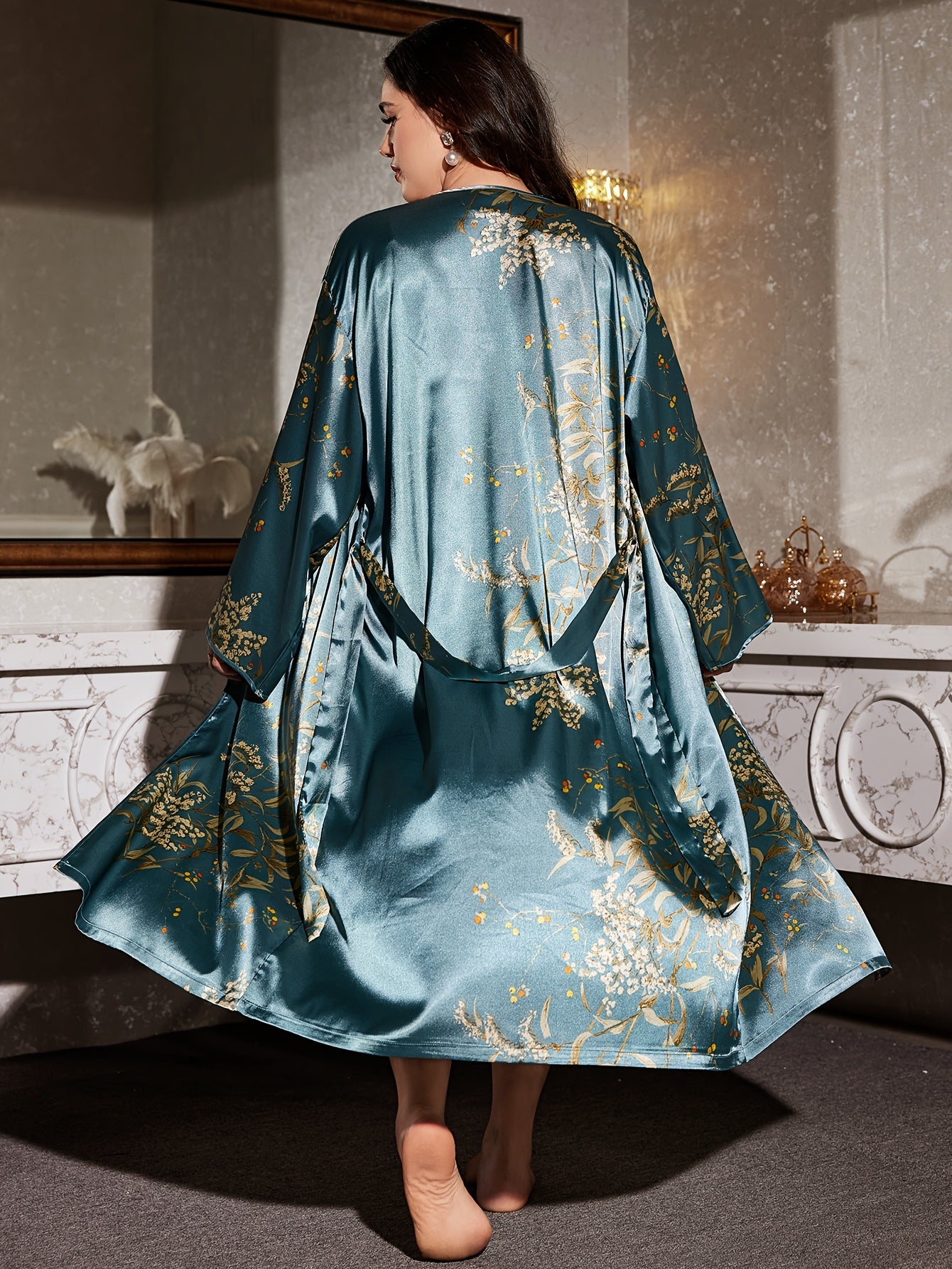 2pcs Set Plus Size Autumn and Winter Faux Cherry Print Fashion Sexy Nightgown Sleep Dress Two-Piece for Women