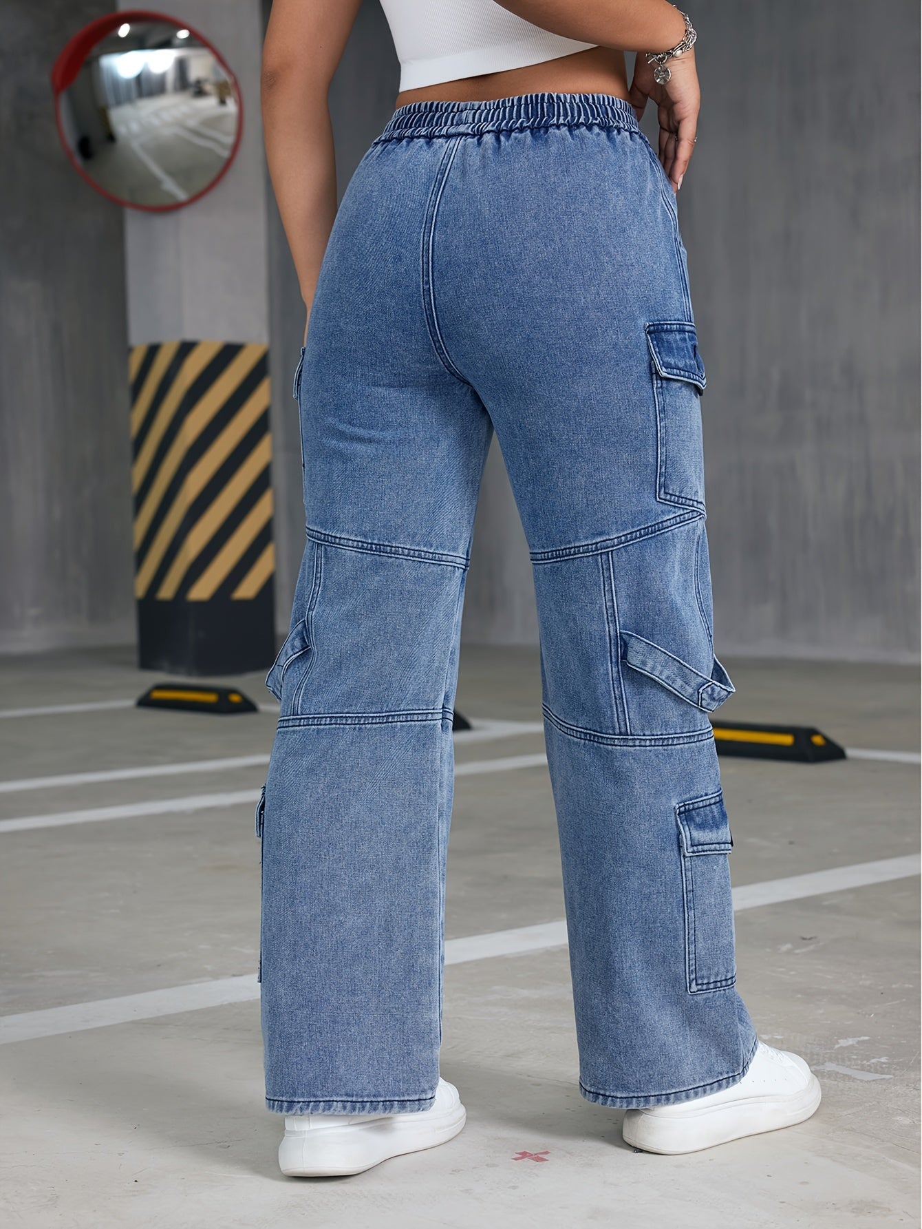 Flap Pockets Boyfriend Cargo Pants, Loose Fit Drawstring Elastic Waist Straight Jeans, Women's Denim Jeans & Clothing