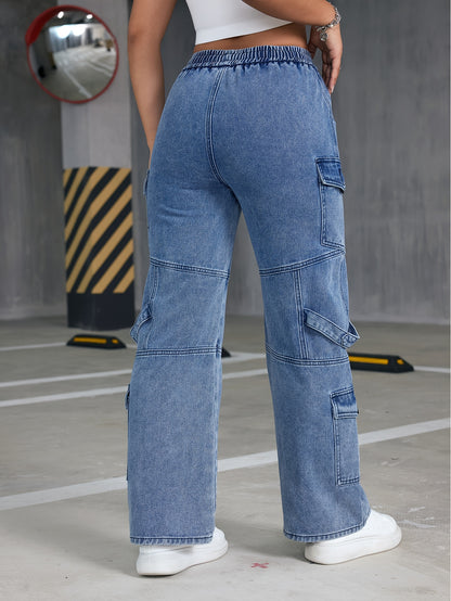 Flap Pockets Boyfriend Cargo Pants, Loose Fit Drawstring Elastic Waist Straight Jeans, Women's Denim Jeans & Clothing