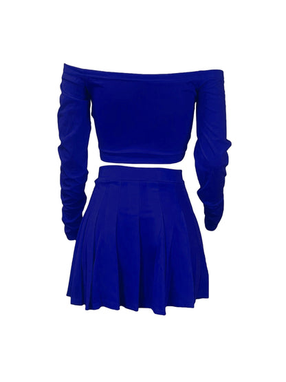 Solid Elegant Two-piece Set, Off Shoulder Long Sleeve Crop Top & Pleated Mini Skirt Outfits, Women's Clothing