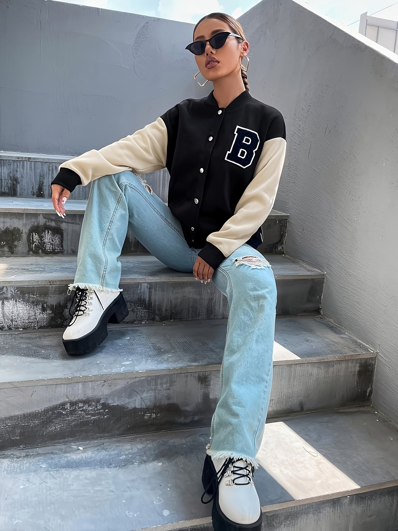 Varsity Jacket with Letter Patch - Relaxed Fit Drop Shoulder, Stylish Two-Tone, Casual Outwear for Spring & Fall, Perfect for Womens Daily Wear