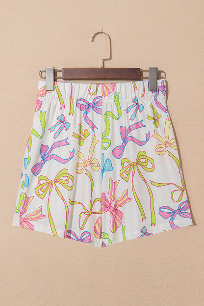 White Cheerful Bow Print Elastic Pull On Casual Shorts