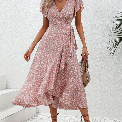 Women's Spring & Summer Dress - Elegant Floral Print, Surplice Neck with Tie, Casual Flutter Sleeves & Ruffle Hem, Perfect for Every Day & Special Occasions