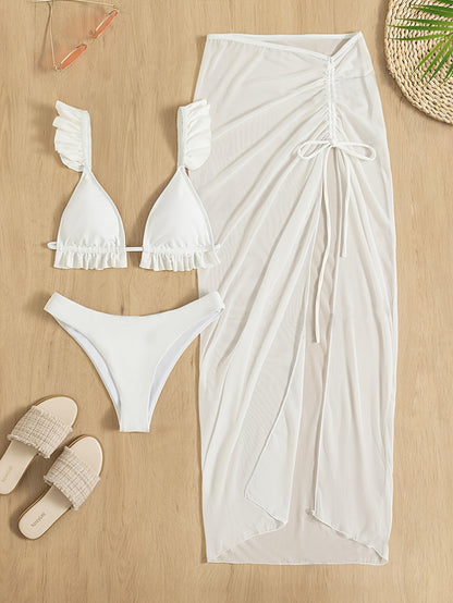 3 Piece Set Bikini, Plain Swimsuits, Ruched Tie Back Bra And Bottom, Cover Up Bow Skirt, Women's Swimwear & Clothing