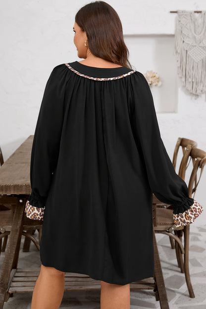 Black Plus Size Notched Neck Leopard Trim Flounce Long Sleeve Shift Dress