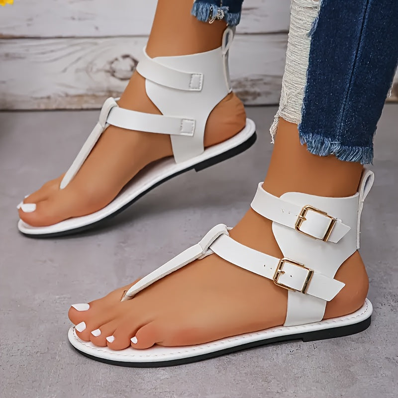 Women's Solid Color Thong Sandals, Buckle Belts Soft Sole Lightweight Casual Shoes, Non-slip Summer Beach Shoes