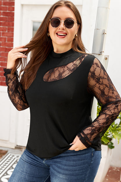 Black Plus Size Lace Patchwork Asymmetric Cutout Sheer Long Sleeve Top