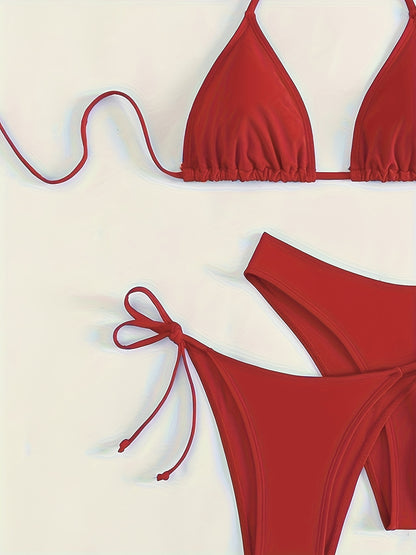 Solid Color 3 piece Set Bikini, Halter Neck Backless Swimsuits, Women's Swimwear & Clothing