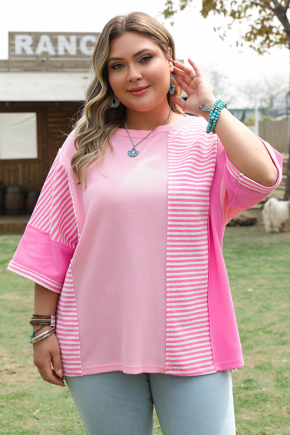 Pink Stripe Patchwork Colorblock Plus Size T Shirt