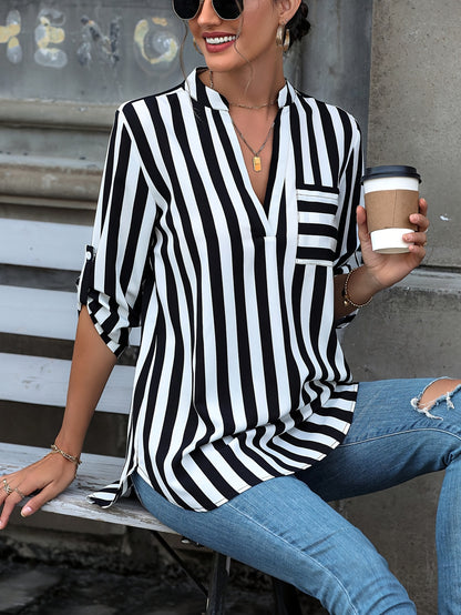 Vibrant Striped Loose Fit Blouse - Notched Neck, Roll Up Sleeves, Casual Chic for Spring & Fall, Comfortable Women's Clothing for Everyday Wear