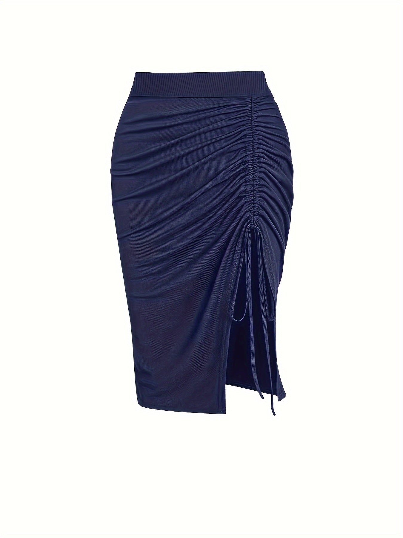 Solid Ruched Drawstring Split Skirt, Casual Bodycon Stretchy Skirt For Spring & Summer, Women's Clothing