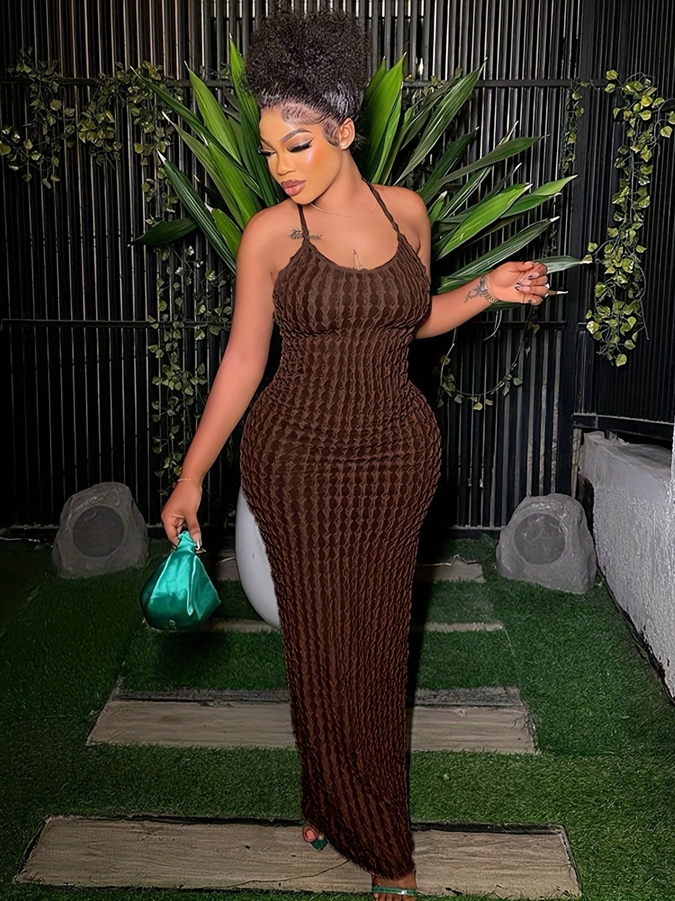 Solid Spaghetti Popcorn Dress, Sexy Backless Dress For Spring & Summer, Women's Clothing