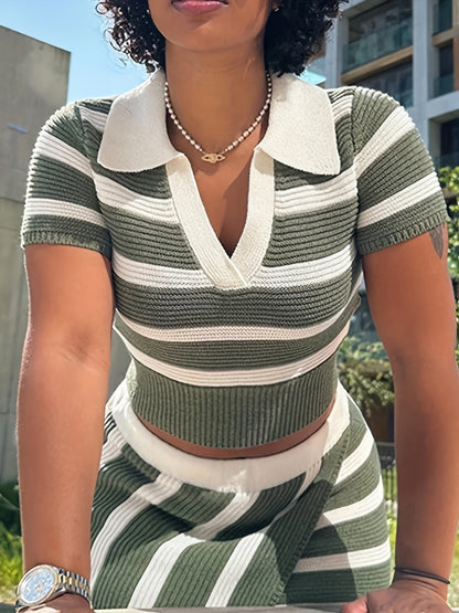 Casual Striped Pattern Knitted Skirt Set, Notched Collar Short Sleeve Crop Top & Asymmetrical Hem Bodycon Mini Skirt Outfits, Women's Clothing