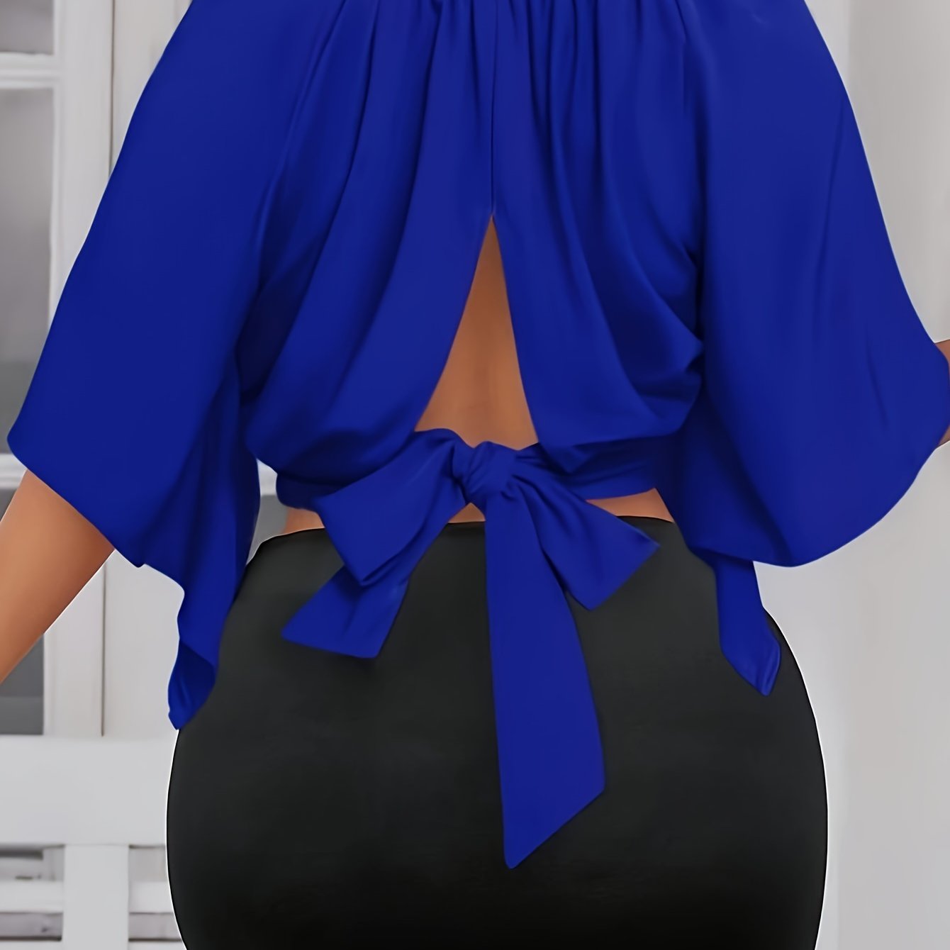 Solid Color Crew Neck Blouse, Elegant Short Sleeve Bow Back Split Blouse For Spring & Summer, Women's Clothing