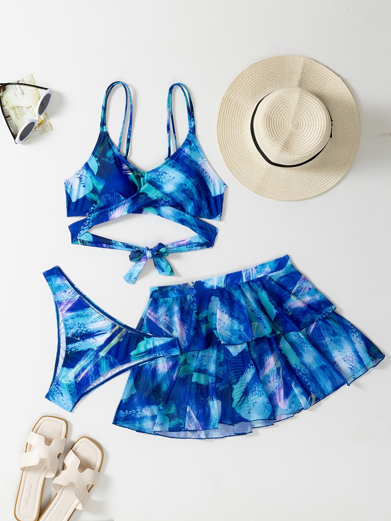 Women'S 3pcs Bikini Set with Skirt, Y0056, Polyester 82% Elastane 18%, Spaghetti Strap, Random Print, High Stretch Knit Fabric, Lace-Up Detail, Swimwear