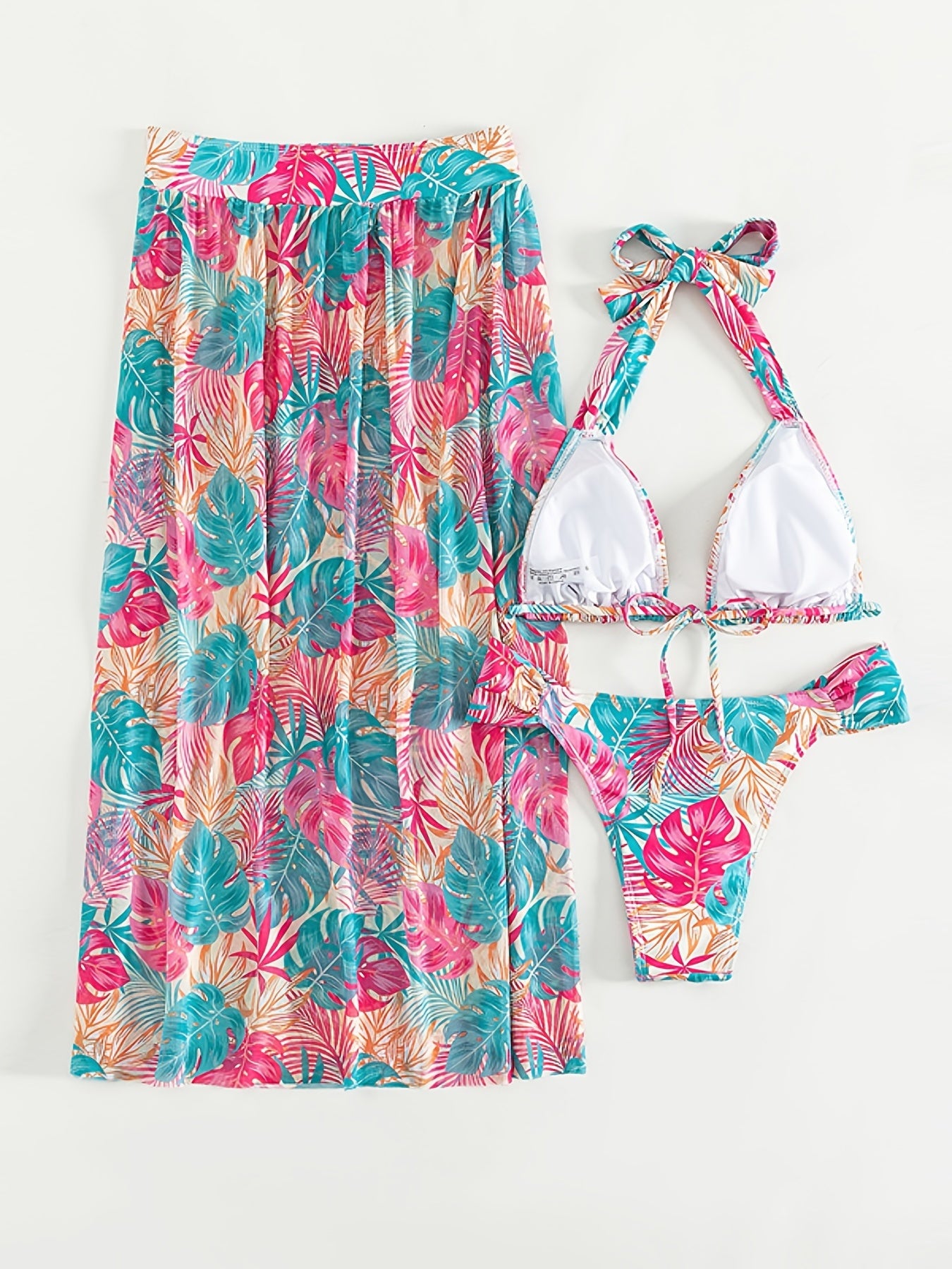 Leaf Print High Stretch Vacay 3 Piece Set Bikini & Cover Up Skirt, Halter Triangle Stylish Swimsuits, Women's Swimwear & Clothing