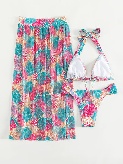 Leaf Print High Stretch Vacay 3 Piece Set Bikini & Cover Up Skirt, Halter Triangle Stylish Swimsuits, Women's Swimwear & Clothing