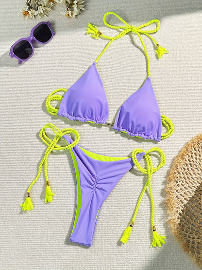 Triangle Halter Neck Bikini Sets, V Neck Tie Back Tie Side Backless High Cut Two Pieces Swimsuit, Women's Swimwear & Clothing Koningsdag/King's Day