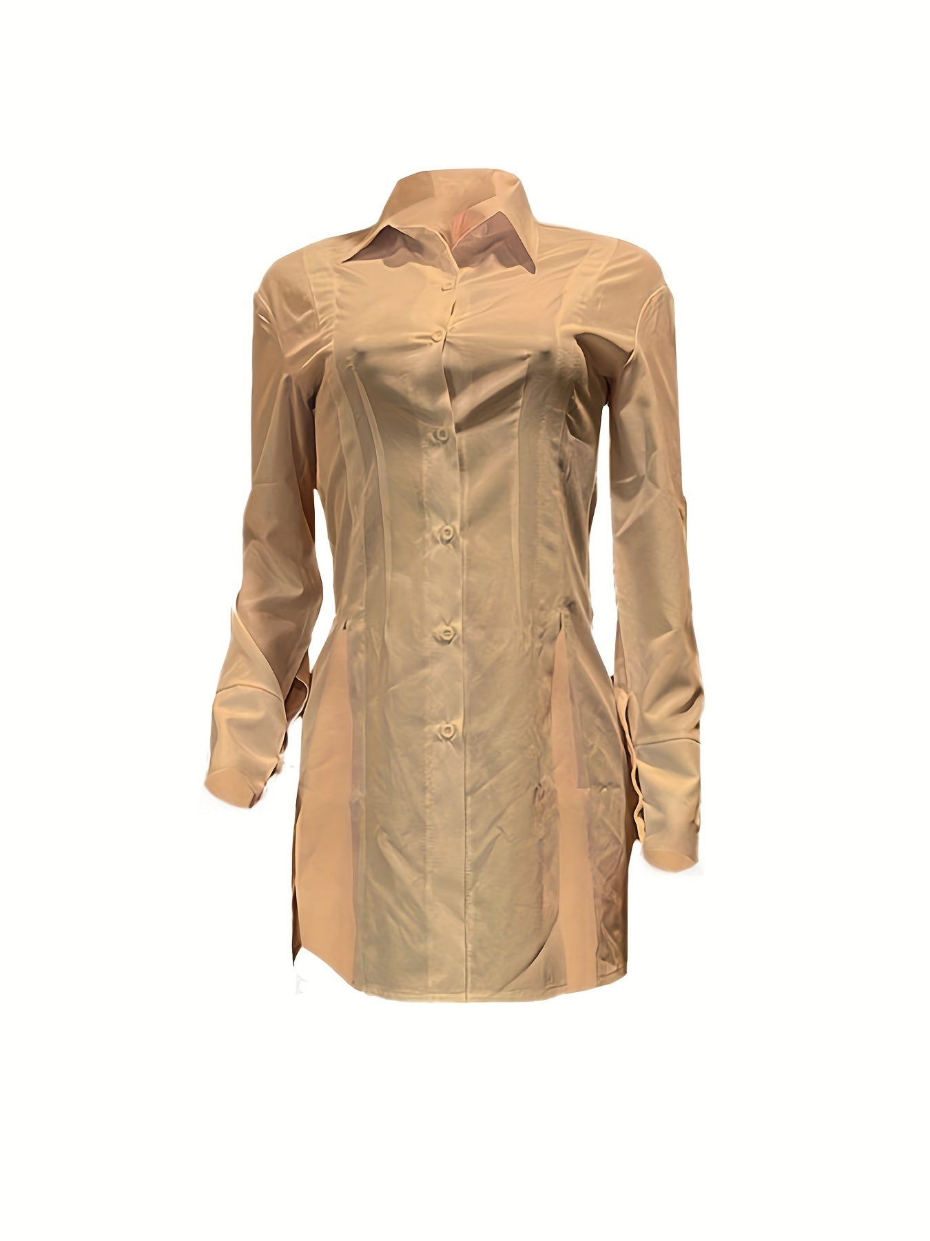 Women's Slim-Fit White Long Sleeve Shirt with Notch Lapel & Side Slit - Solid Color Button-Up Blouse, Machine Washable, Versatile for Casual & Formal Wear, Ladies Blouses