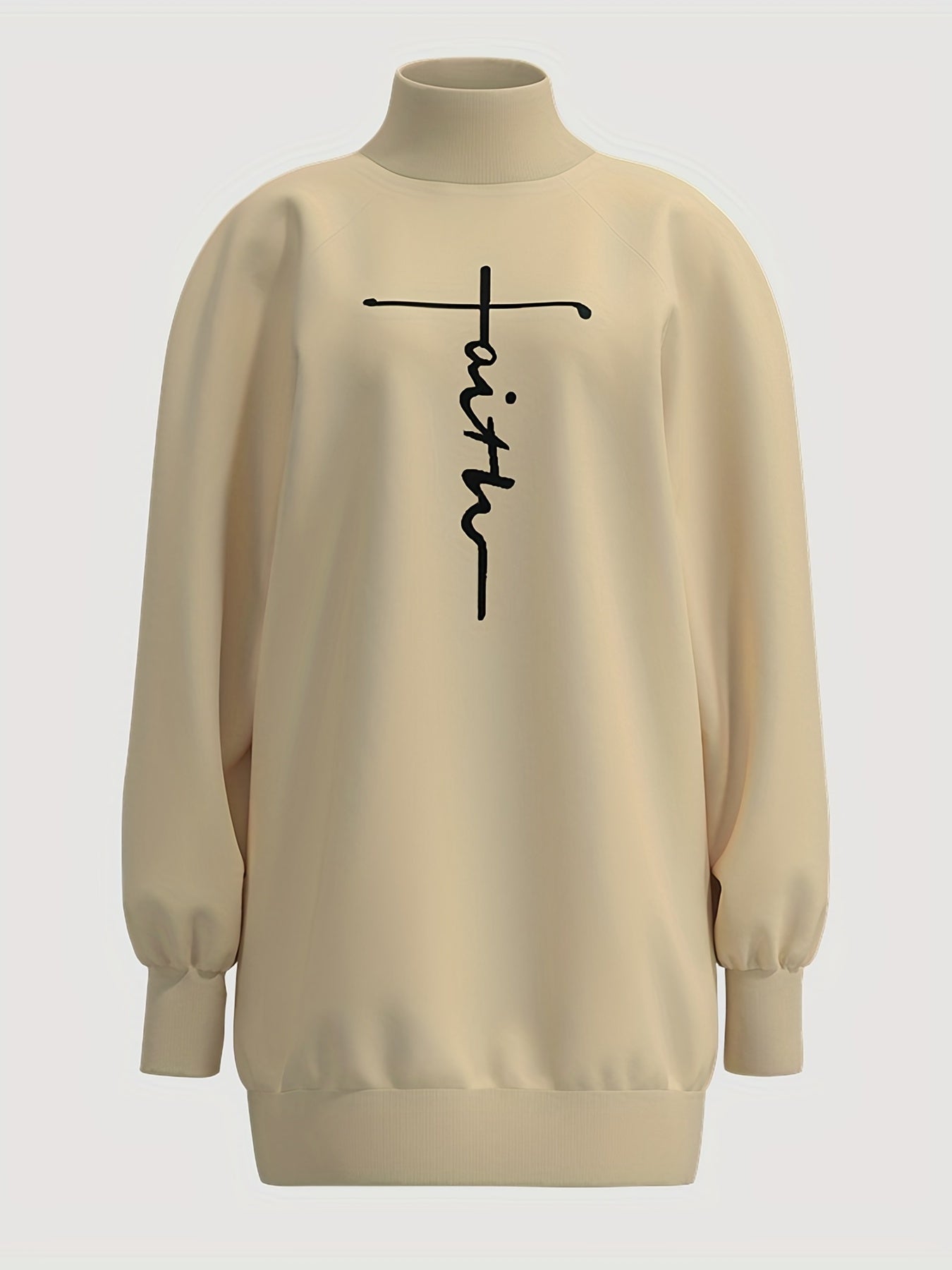 Faith Print Turtleneck Dress, Casual Loose Long Sleeve Dress, Women's Clothing