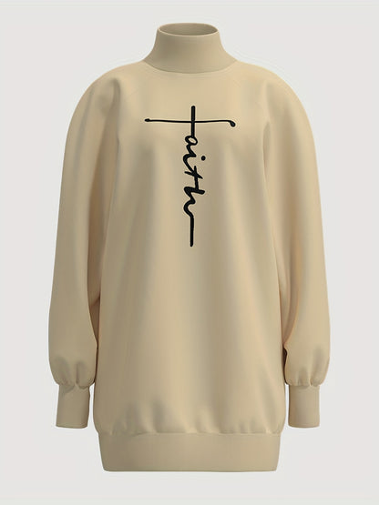 Faith Print Turtleneck Dress, Casual Loose Long Sleeve Dress, Women's Clothing