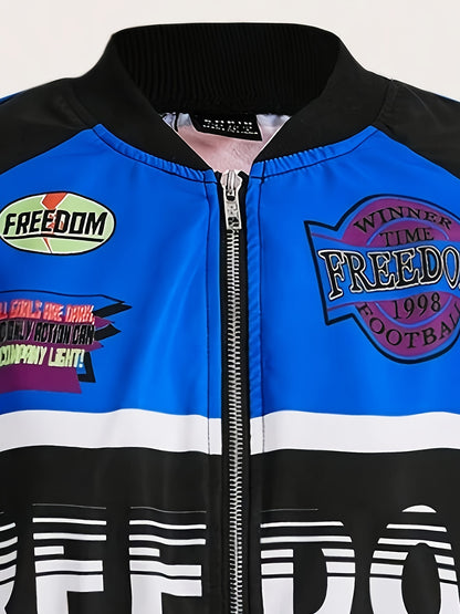 Trendy Letter Print Zipper Drop Shoulder Crop Jacket - Comfortable Long Sleeve Casual Wear for Spring & Fall - Womens Fashion Essential