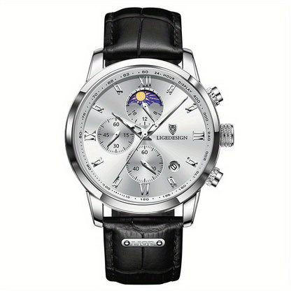 [LIGE Luxury Men Watch] LIGE Luxury Men Watch - PU Leather Chronograph Sport Quartz Wristwatch for Men - Christmas Gift
