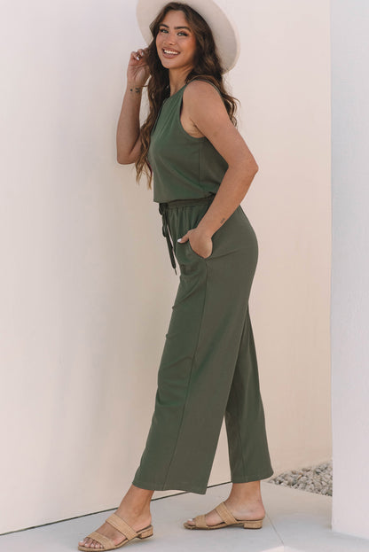 Vineyard Green Buttoned Drawstring Elastic Waistband Sleeveless Wide Leg Jumpsuit