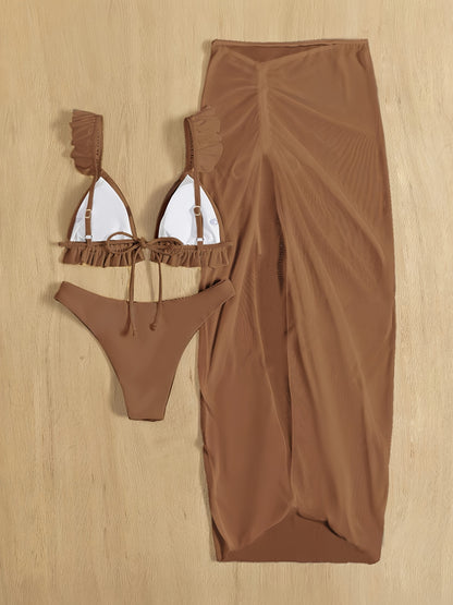 3 Piece Set Bikini, Plain Swimsuits, Ruched Tie Back Bra And Bottom, Cover Up Bow Skirt, Women's Swimwear & Clothing