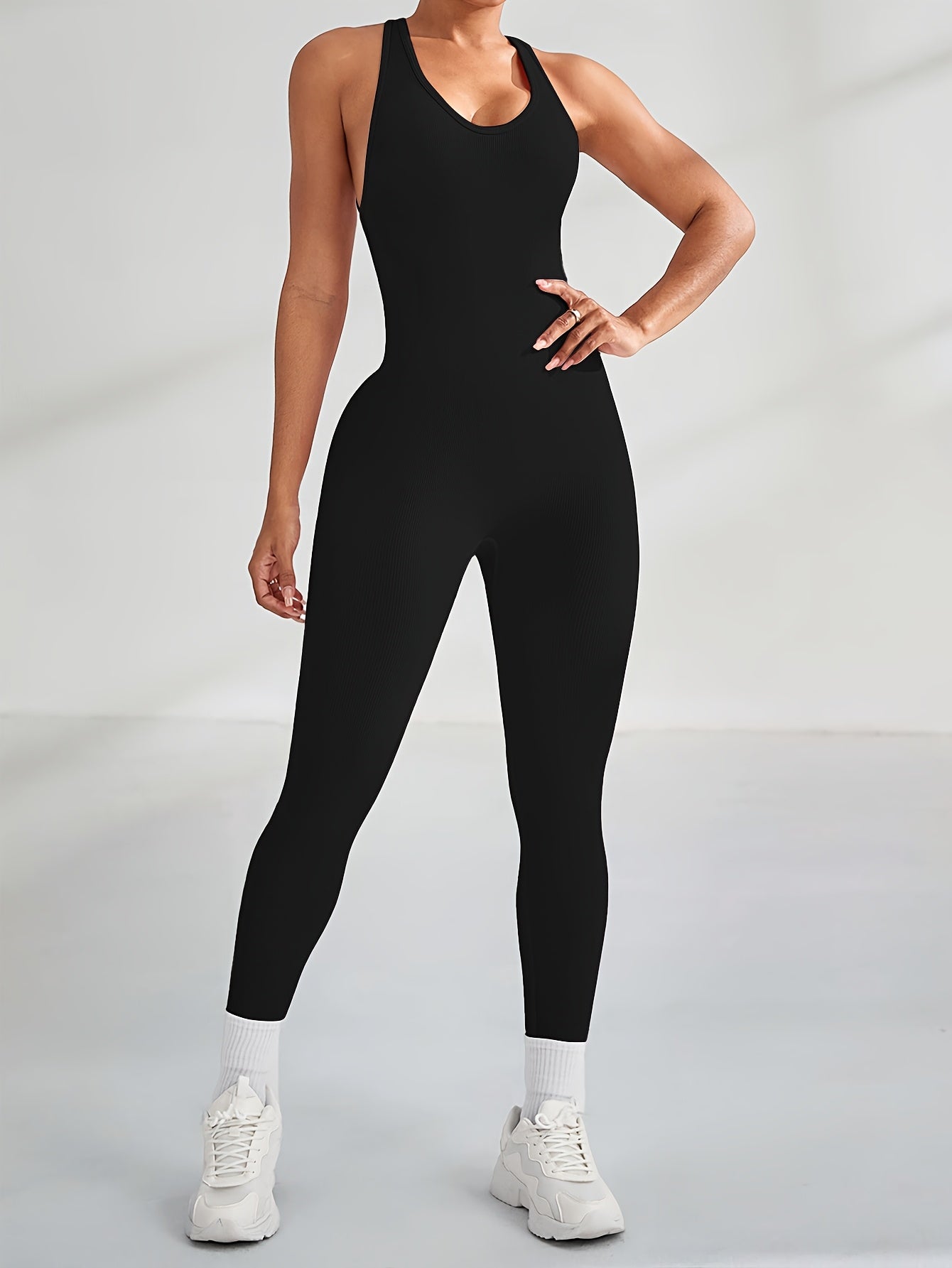 Women's High-Waisted Stretchy Yoga Jumpsuit - Smooth Knit Fabric, Solid Color, Long Sleeve, Round Neck, Machine Washable, Perfect for Sports & Fitness