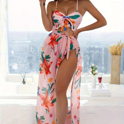 3 Piece Floral Print Ruffled Knot Front Bikini Set - Women's Swimwear & Clothing - Sets with Cover Up Skirt, Adjustable Straps, and Comfortable Fabric