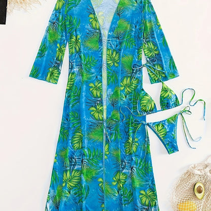 3 Piece Leaf Print Ruffled Tie Back Triangle Bikini Set - Stylish Women's Swimwear with Cover Up, Comfortable and Flattering Design - Perfect for Beach and Pool Time