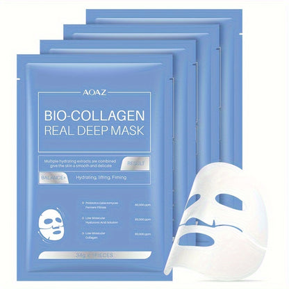 4pcs Bio-Collagen Real Deep Mask Pack Hydrating & Firming Facial Sheet Masks with Collagen, Hyaluronic Acid & Nicotinamide Moisturizing & Invigorating for All Skin Types(1pc/4pcs/8pcs)