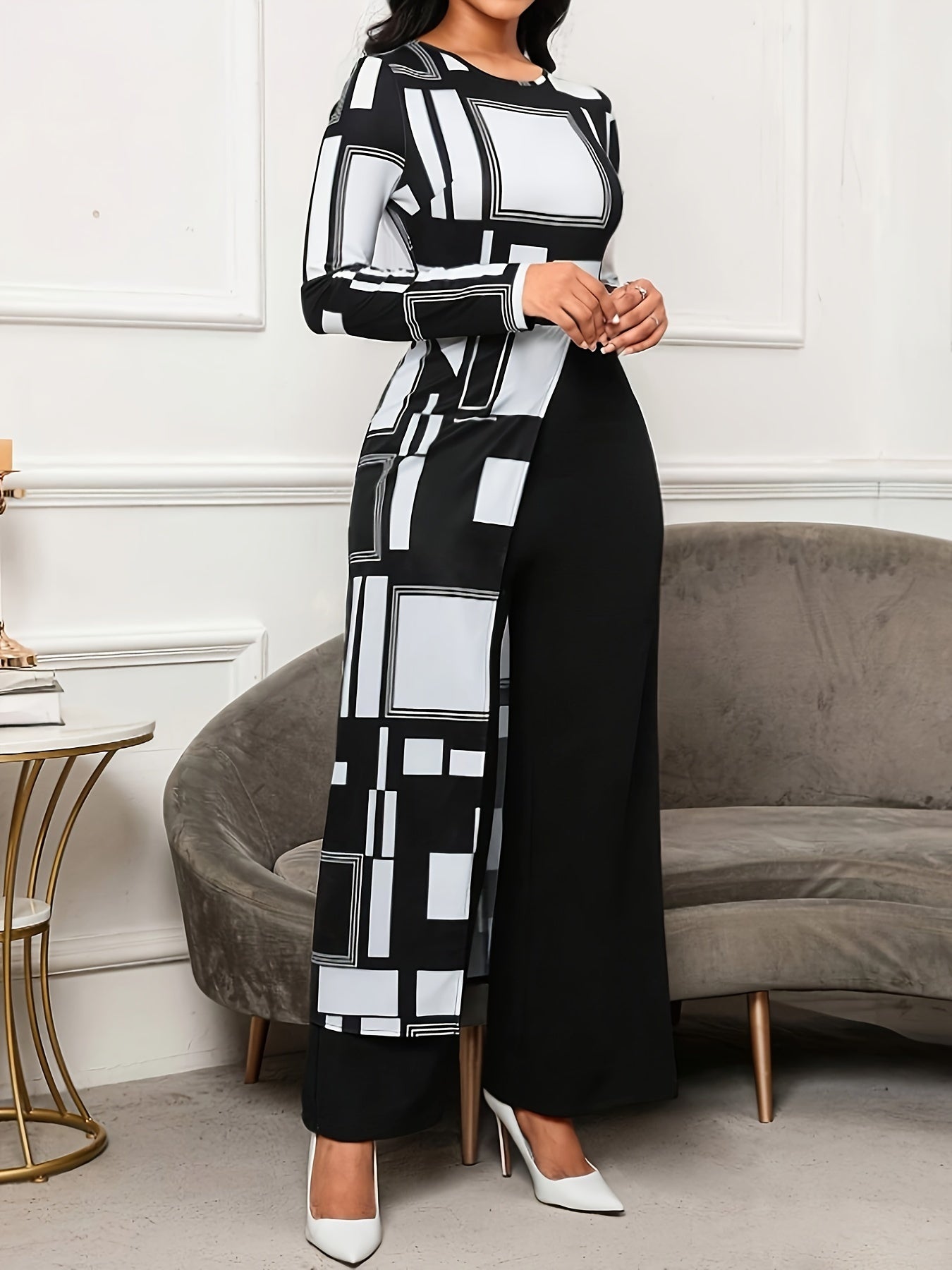 Geo Print Crew Neck Jumpsuit, Elegant Long Sleeve Wide Leg Culottes Jumpsuit For Spring & Fall, Women's Clothing