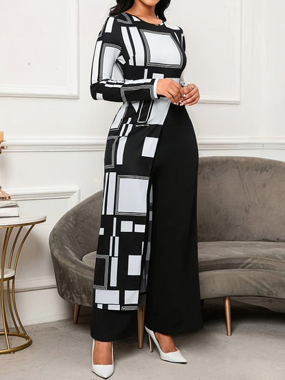 Geo Print Crew Neck Jumpsuit, Elegant Long Sleeve Wide Leg Culottes Jumpsuit For Spring & Fall, Women's Clothing