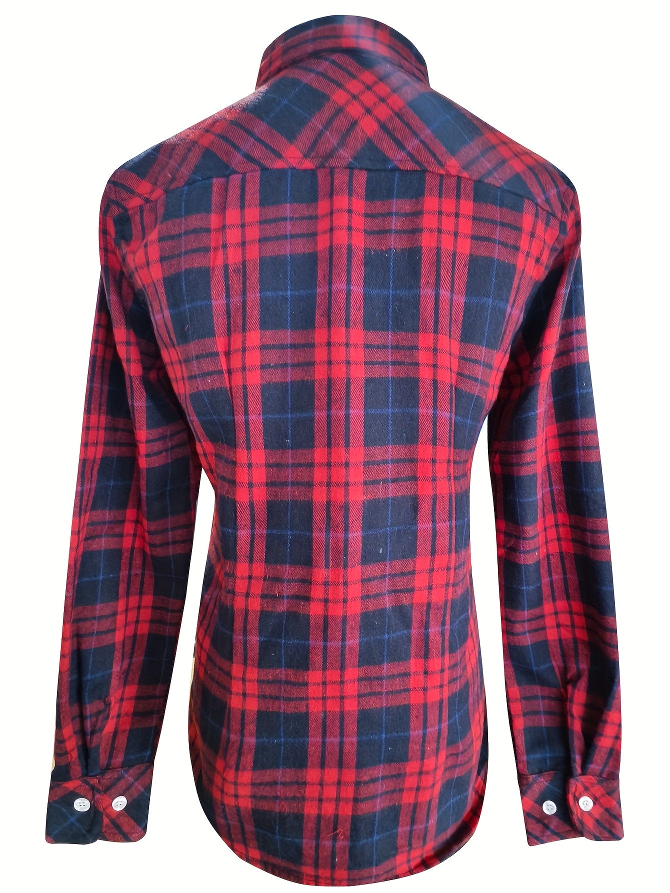 Women's Sexy Retro Slim Fit Long Sleeve Shirt - Blue & Orange Plaid Button-Up with Chest Pockets, Classic Collar, Machine Washable for Spring/Fall/Summer Casual & Office Wear, Seasonal Fashion Top | Durable Fabric Blouse