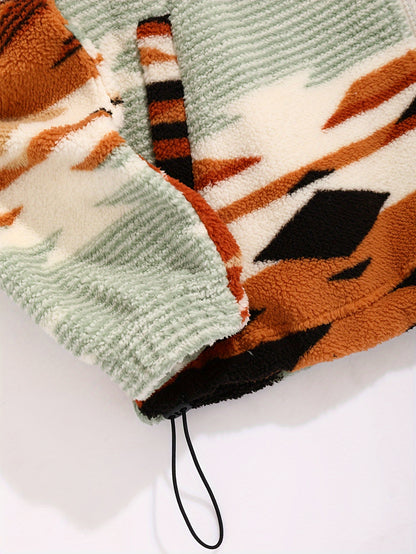 Aztec Pattern Fuzzy Jacket, Casual Zip Up Outwear For Winter & Fall, Women's Clothing