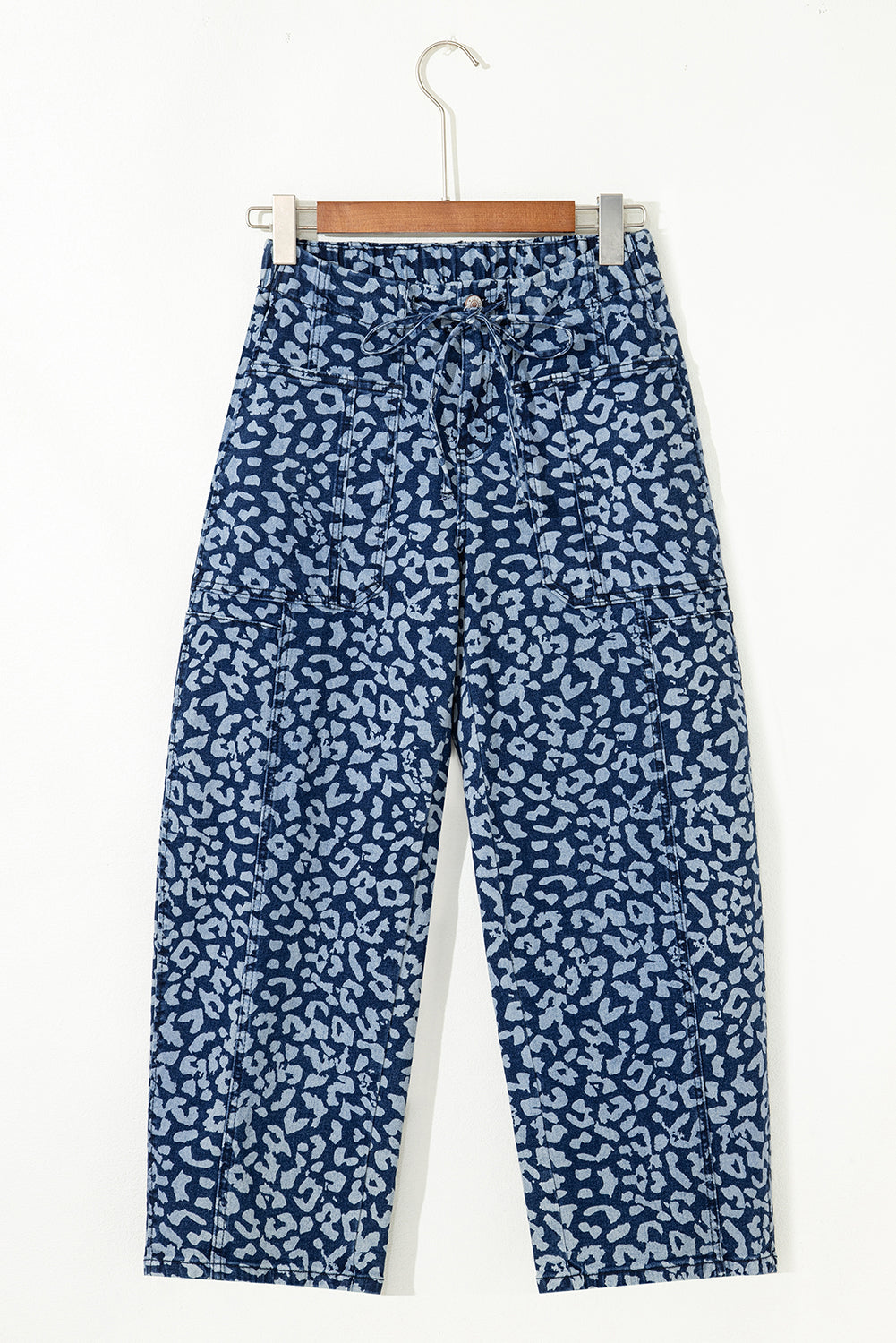 Blue Leopard Printed Drawstring Elastic Waistband Pocketed Wide Leg Jeans