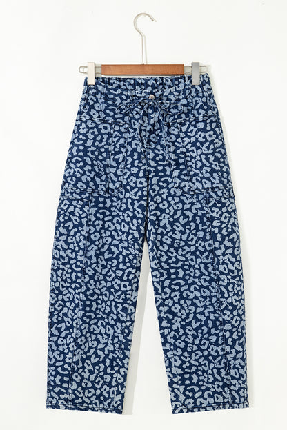 Blue Leopard Printed Drawstring Elastic Waistband Pocketed Wide Leg Jeans
