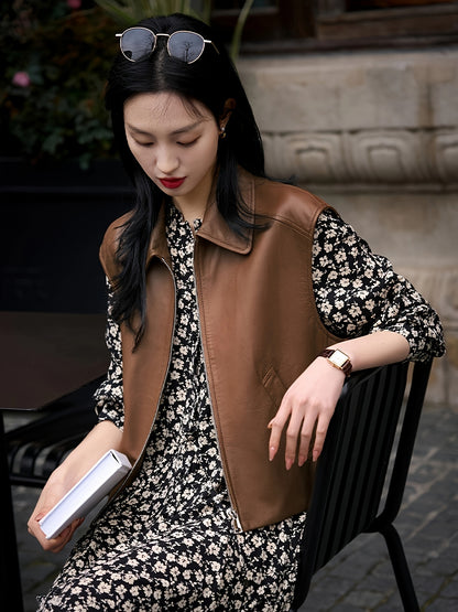 Women's Vintage Style Versatile Genuine Sheepskin Leather Vest, Casual Sleeveless Jacket With Zipper Detail