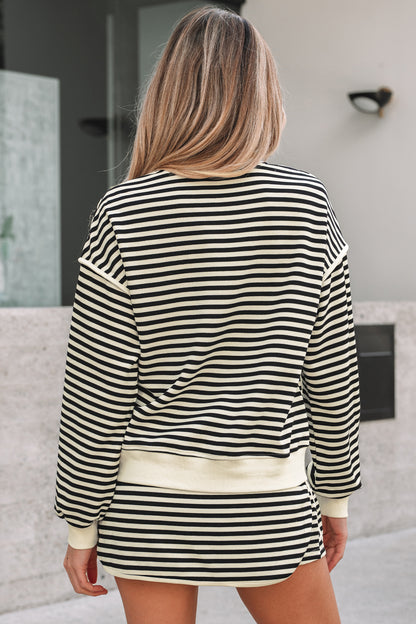 Black Stripe Textured Drop Shoulder Pullover Top Drawstring Mini Skirt Two Piece Dress Set