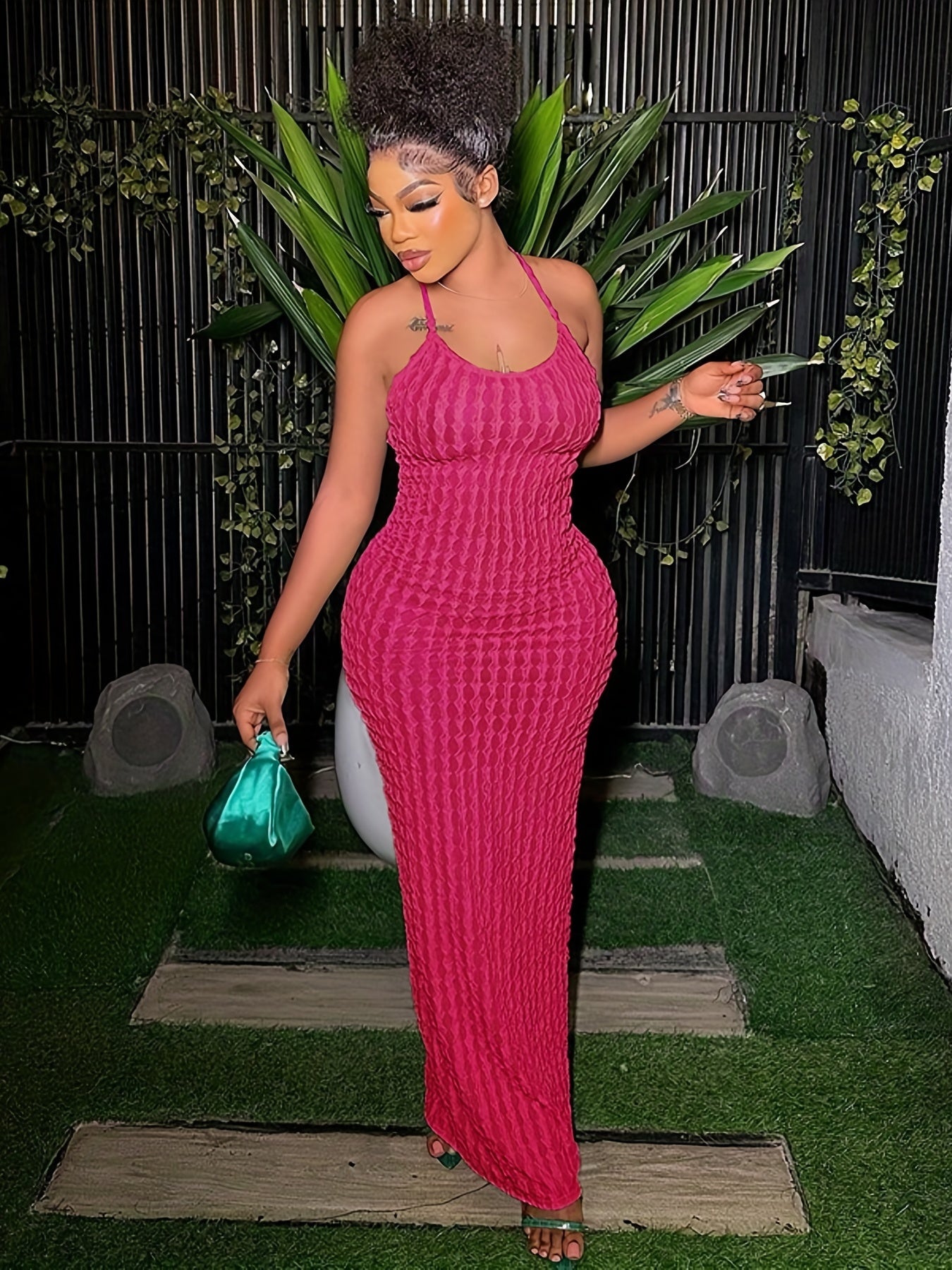 Solid Spaghetti Popcorn Dress, Sexy Backless Dress For Spring & Summer, Women's Clothing