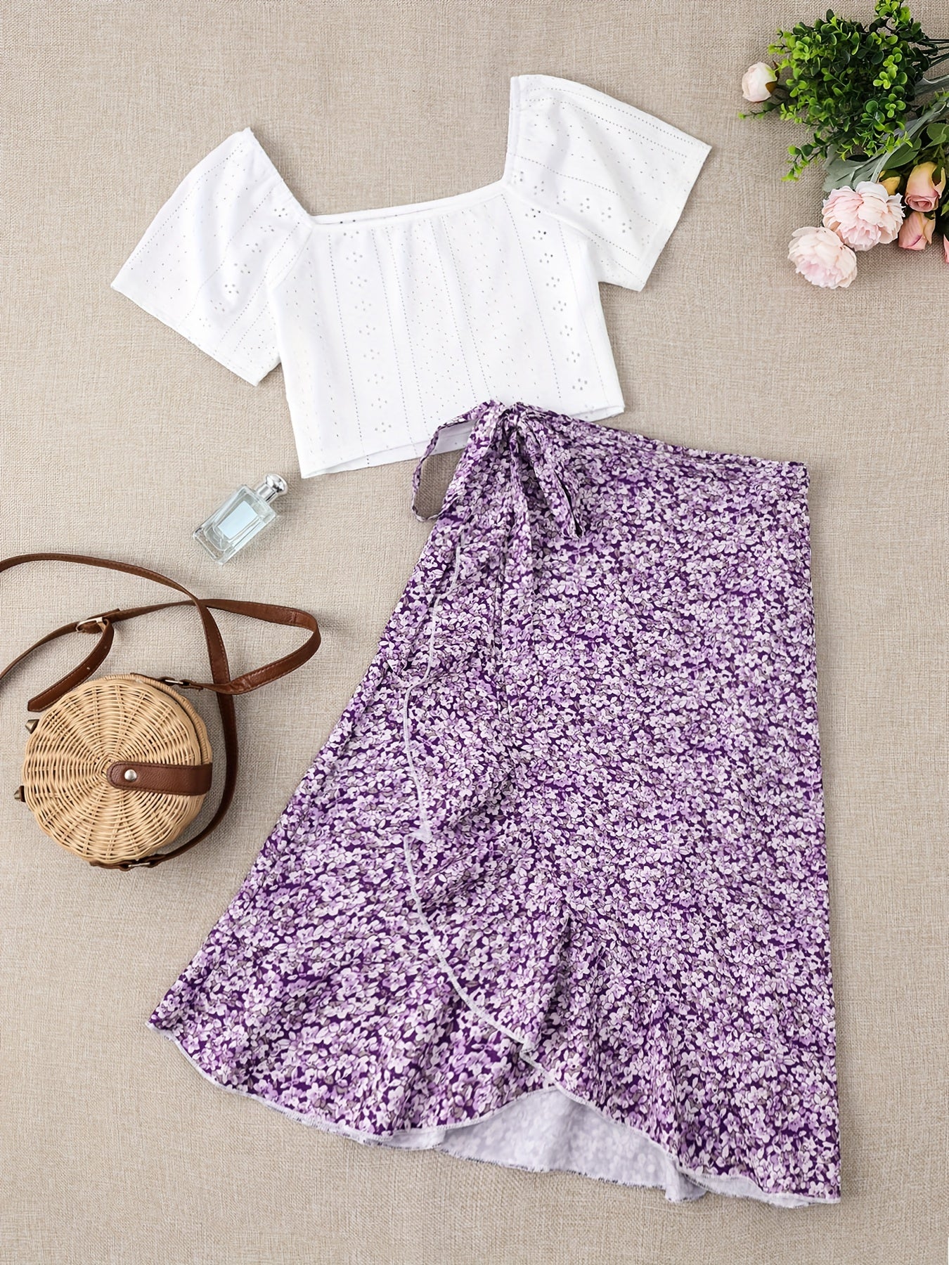 Vacation Ready - Chic Square Neck Crop Top & Adjustable Print Wrap Skirt Set - Flirty Short Sleeves, Womens Two-Piece Outfit