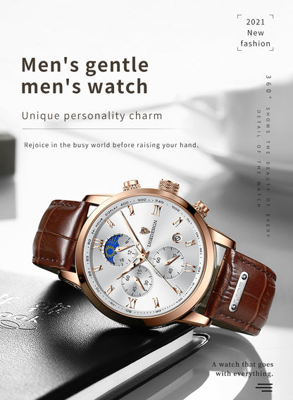 [LIGE Luxury Men Watch] LIGE Luxury Men Watch - PU Leather Chronograph Sport Quartz Wristwatch for Men - Christmas Gift